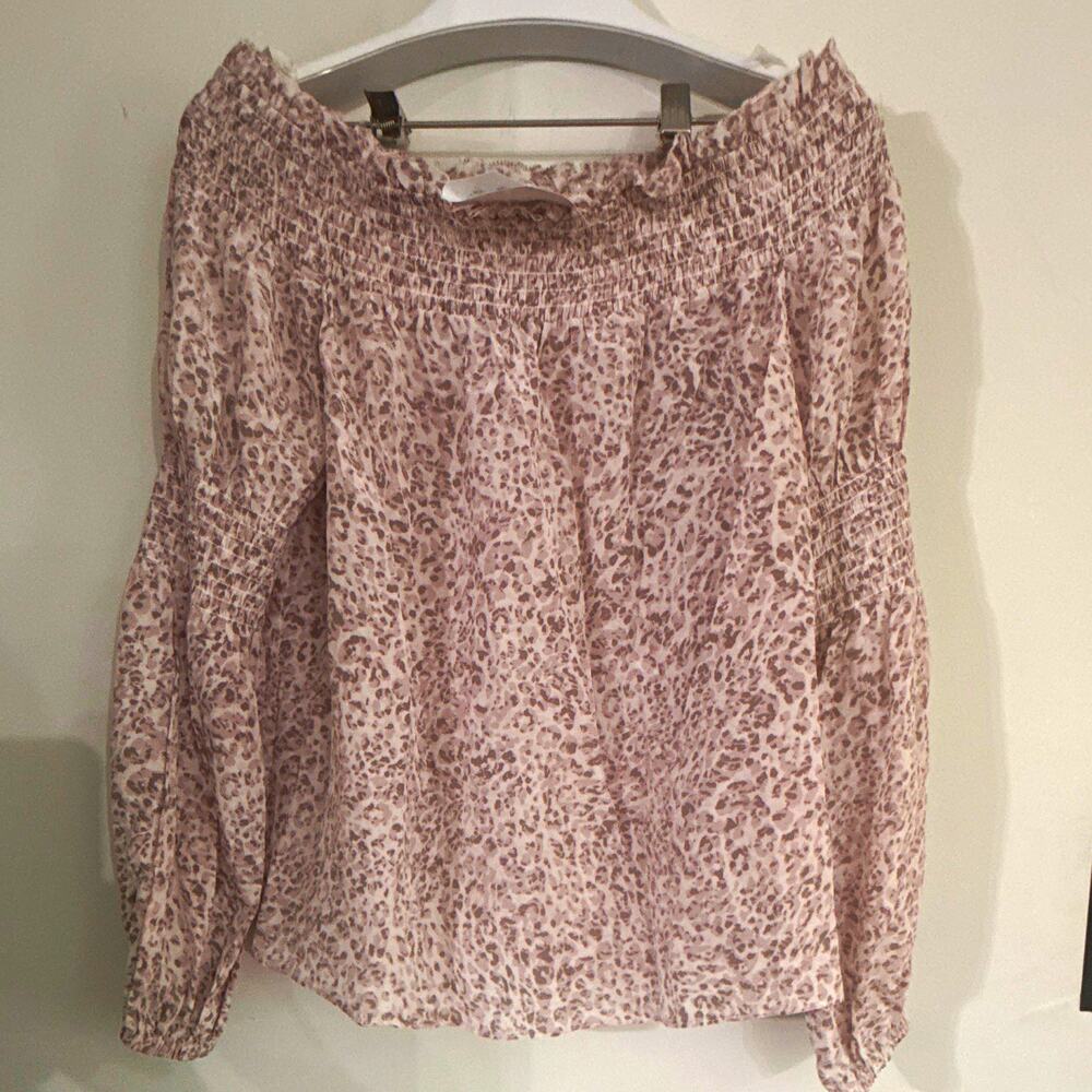L'AGENCE Women’s Beige Purple Silk Chiffon Animal Print Smocked Blouse XS